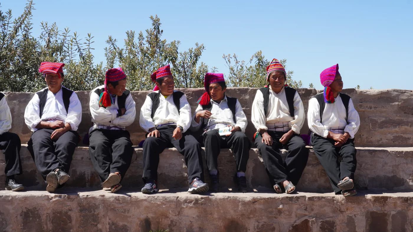 Men of Taquile in the hats they knit themselves